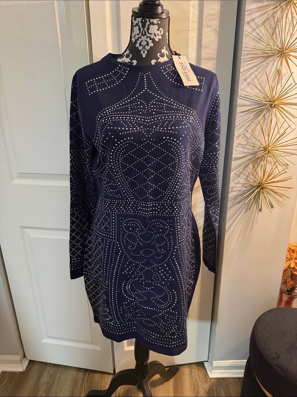 Navy Studded Long-Sleeve Knit Dress